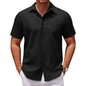 Black Men Casual Short Sleeve Button Down Untucked Wrinkle Free Dress Shirt